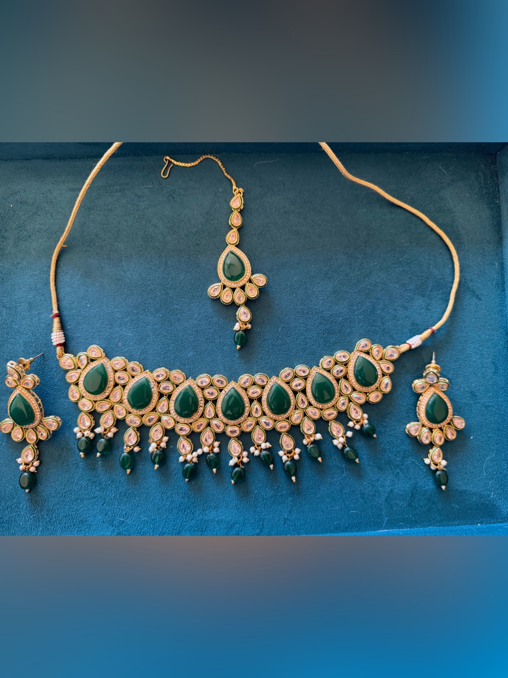 Green Stone Gold-Tone Necklace Set - with tikka and earrings - Indian Jewelry
